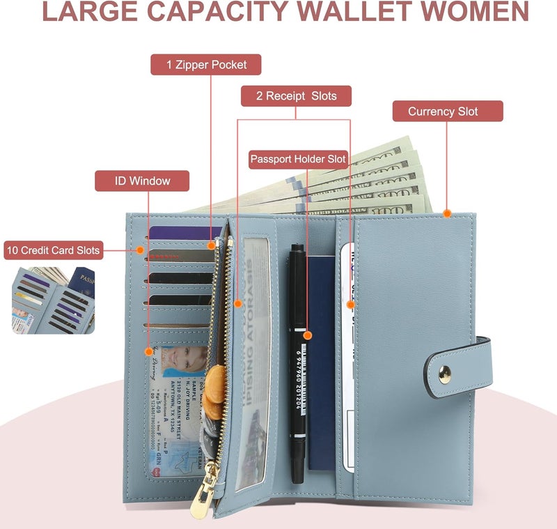 yiijay Womens Wallet RFID Blocking Vegan Leather Trifold Clutch Credit Card Holder Ladies Travel Wallet Purse with Pen Holder - Image 2